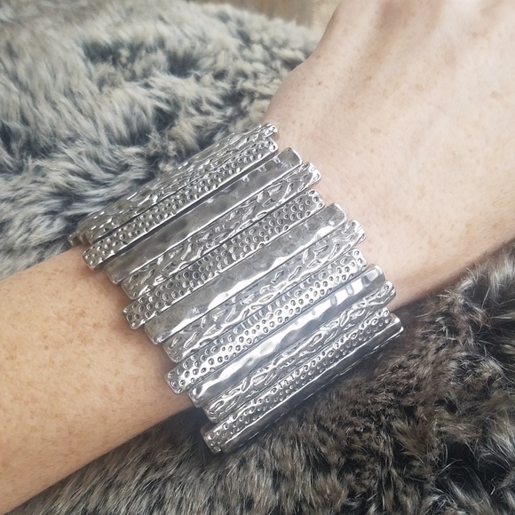 Wide Silver Metal Bar Stretch Bracelet - Picture 6 of 6